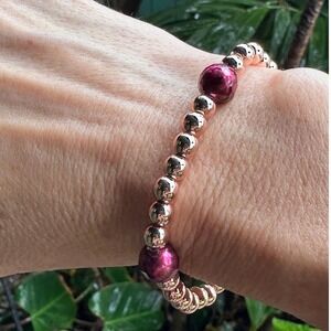 Rose Gold-Filled Fuchsia Faceted Pearl Bead 6.75" Bracelet Polished 6-10mm Round